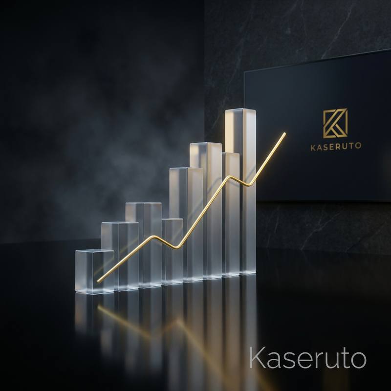 暗い空間に並ぶガラスの棒グラフと、右肩上がりに光る金色のライン。背景のパネルにKaserutoのロゴ